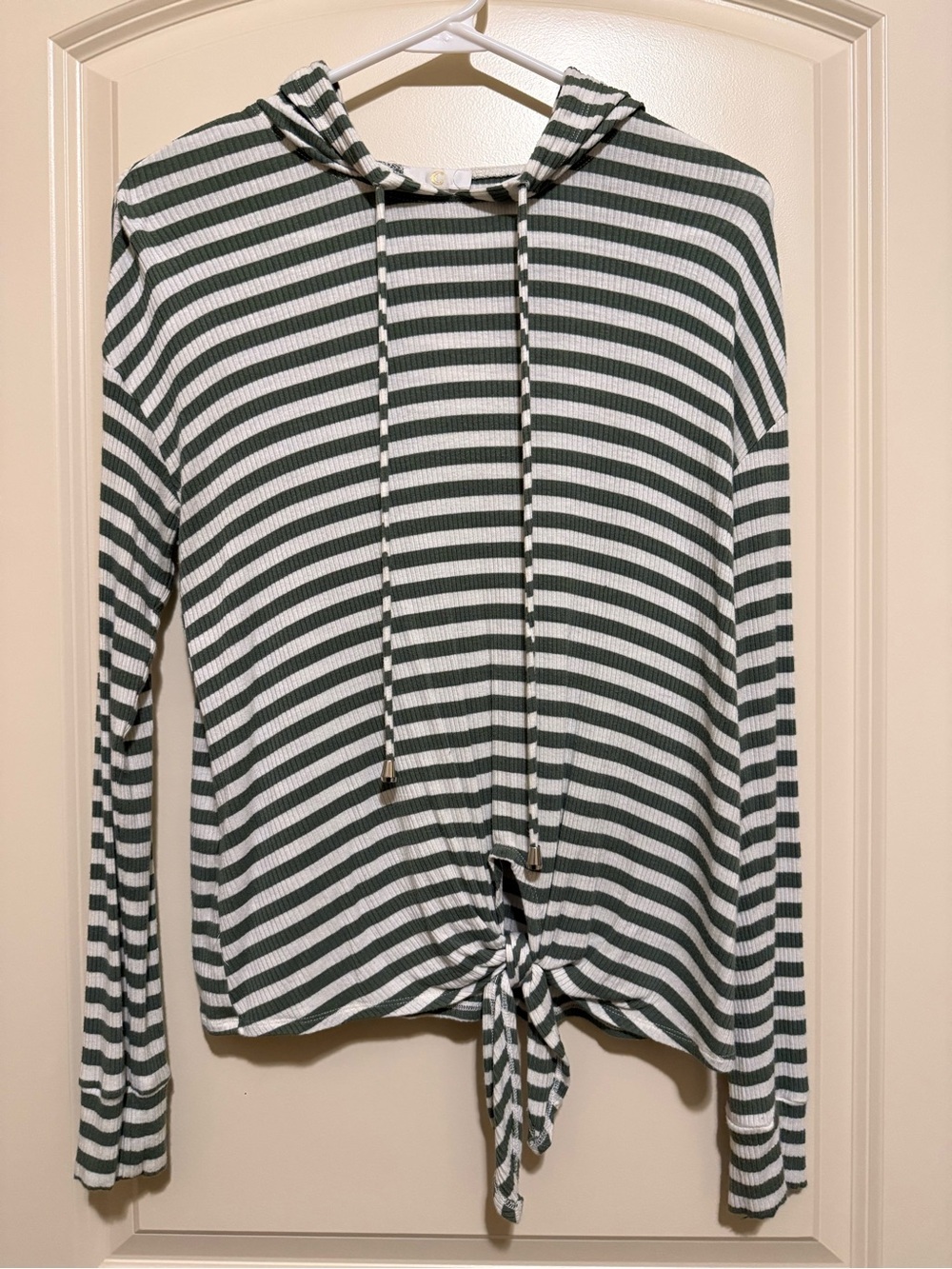 Charming Charlie Green & White Striped Front Tie Hooded Long Sleeve Top